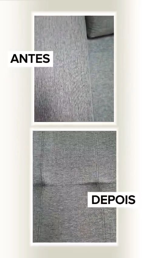 Sofá cinza com mancha escura no tecido, antes, e a mesma área depois da higienização.